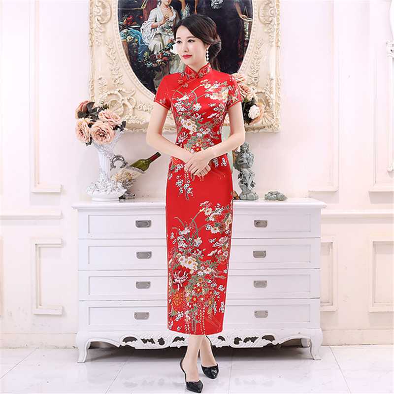 

Chinese style long cheongsam high slit printed kimono skirt ladies banquet show plus size dress sexy slim Qipao robe chinoise