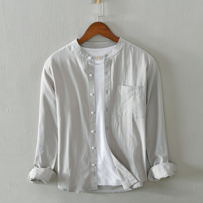 

100% Cotton stand collar long-sleeved fashion shirt men brand casual shirts for men comfortable solid shirt mens camiseta, White