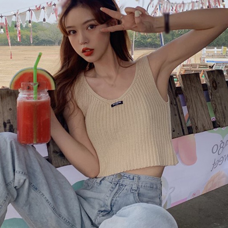 

Fashion Women Solid Color Slim Tank Tops Summer Casual Fitness Short Vest Knitted Sleeveless Sexy Crop Tops, As picture shown