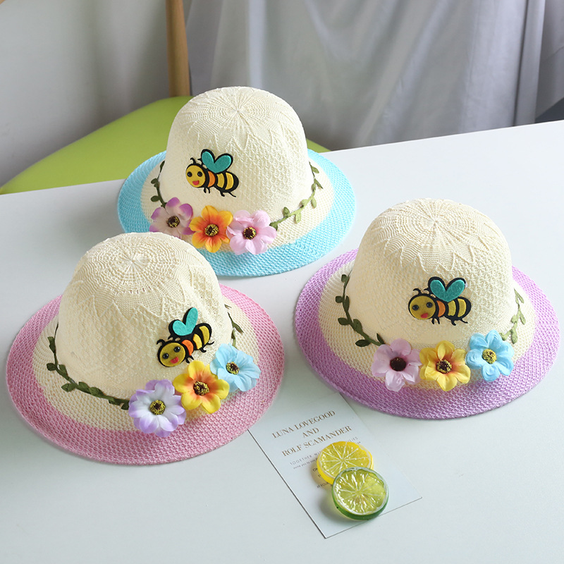 

Summer Kids Straw Hats Colorful Flower Princess Baby Girls Hat Children Breathable Sunscreen Beach Sun Hat 2-5Y, Sky blue