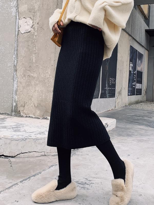 

Autumn Knitted Skirt Women Sexy High Waist Pencil Skirts Winter Warm Package Hip Elastic Split Long Skirt Women's Faldas Mujer, Dark grey