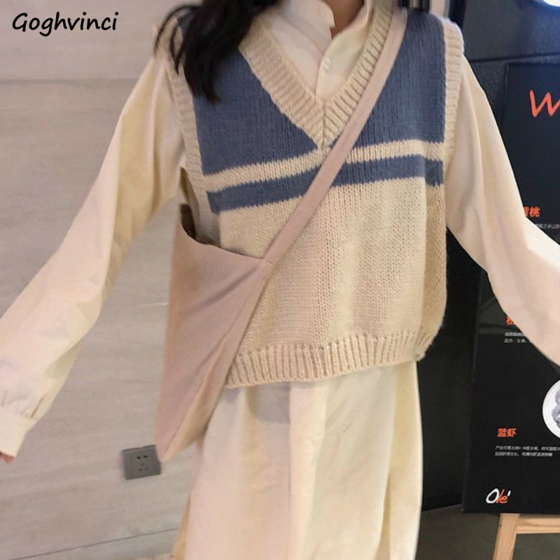 

Sweater Vest Women Patchwork Loose Simple Sweet Chic Student Leisure Sweaters All-match Stylish Preppy Knitted Daily Outwear New, Apricot
