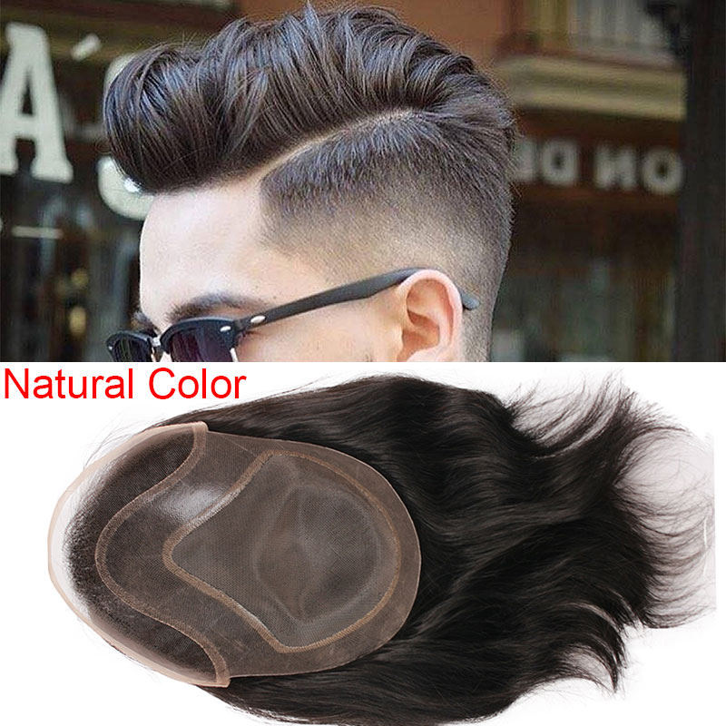 

2020 Mens Toupee Hair PU with French Lace Wigs For Men European Remy Human Hair Replacement Systems Hairpiece 10x8inch, Natural color