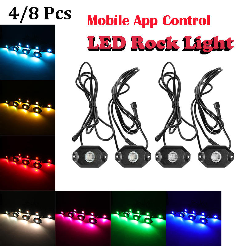 

4/8 Pcs LM-RGB LED Rock Light Multicolor Decorative Atmosphere Hub Lamp Bluetooth Control For Offroad Truck UTV Wheel Light