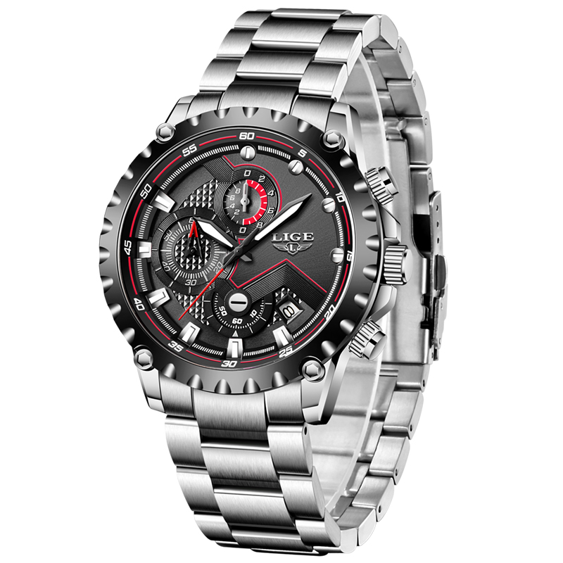 

2020 LIGE Fashion Clock Business Mens Stainless Steel Waterproof Watch Men Sport Quartz Watches For Man Chronograph+Box, Rose gold blue