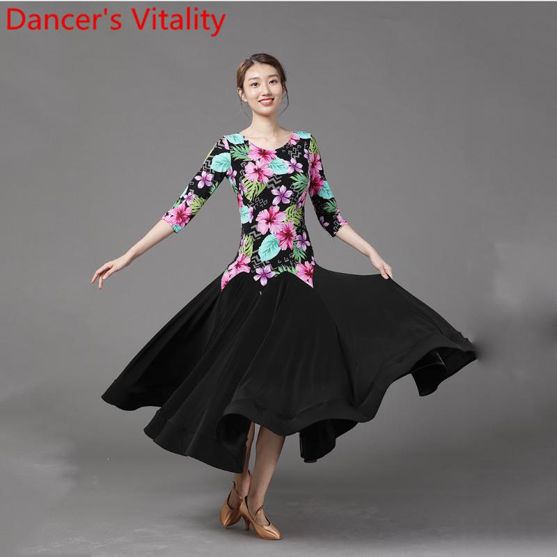 

Waltz Dance Performance Costume Elegant Big Helines Floral Dress Modern Ballroom National Standard Jazz Dancing Competition Suit, Only dress as photo