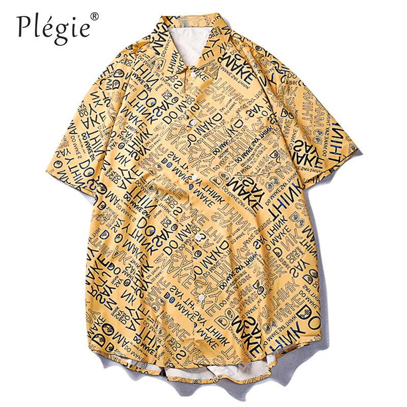 

Plegie Full Letter Print Short Sleeve Summer Shirts Men Polyester Holiday Hawaii Shirt Single Breasted Harajuku Streetwear, Yellow shirts