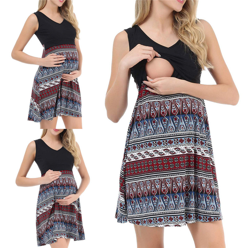 

Summer Maternity Dresses Nursing Dress Pregnant Women Sleeveless Beach Print Patchwork O-neck 2020 Casual Breastfeeding Dress