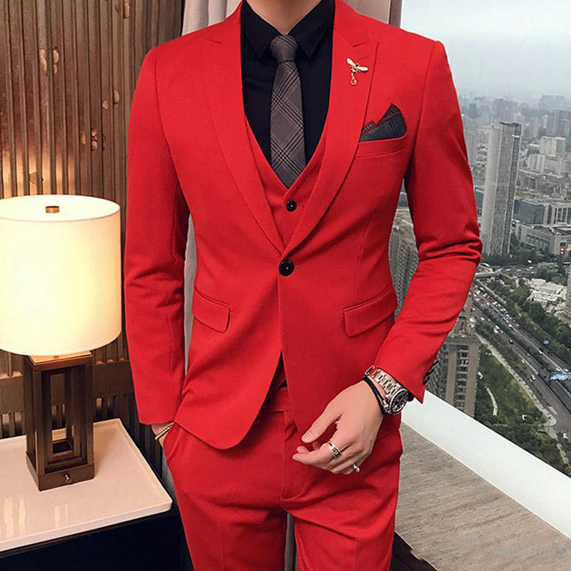 

2020 3 Piece Red Wedding Men Suits for Evening Prom Peaked Lapel Slim Fit Custom Made Groomsmen Tuxedos (Jacket + Pants + Vest