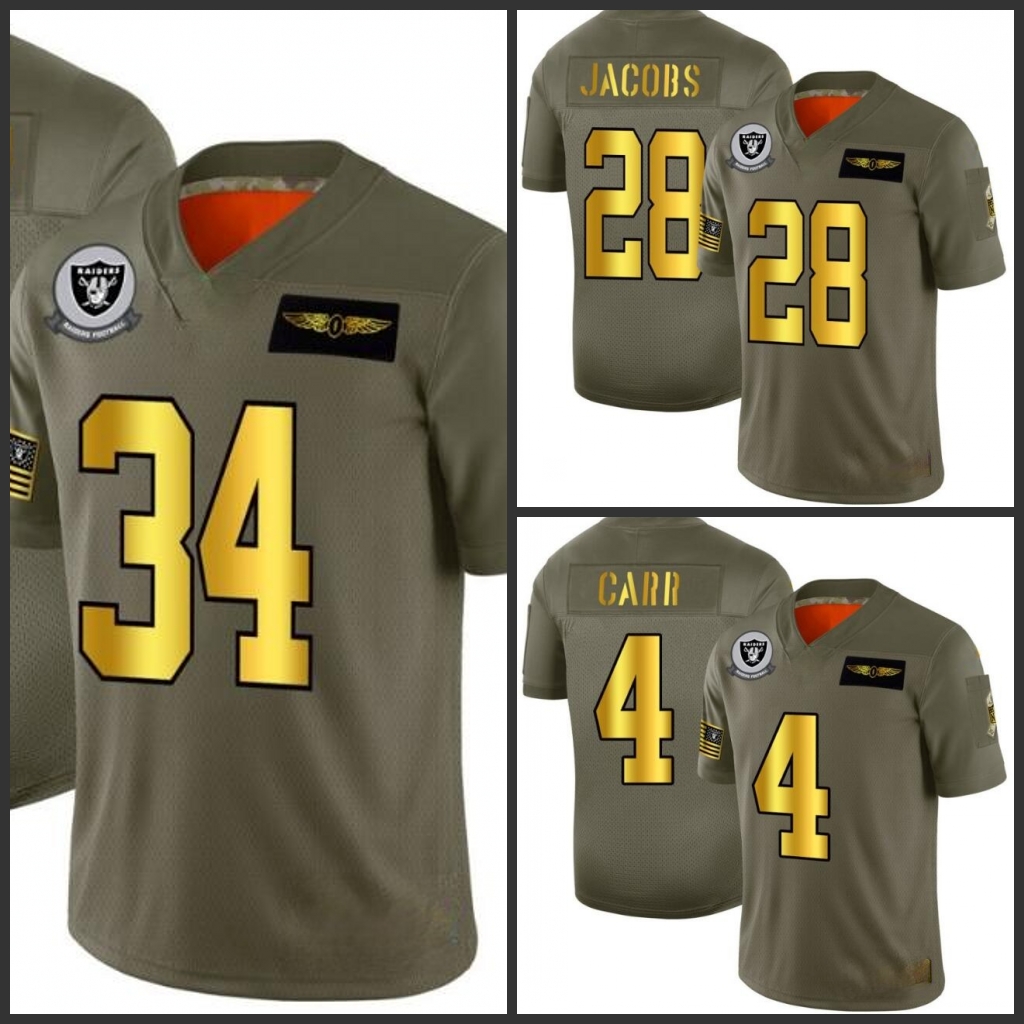 

Las Vegas Raiders Men #4 Derek Carr Women Youth Olive Gold 2019 Salute to Service Limited 100 Jersey, Black;red