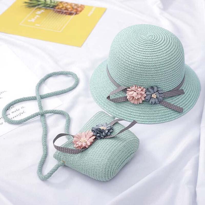 

XEONGKVI European Two Flower Parent-child Sun Hat Bag Set Spring Summer Brand Beach Straw Hat For Women Girl Chapeau Femme Ete, White