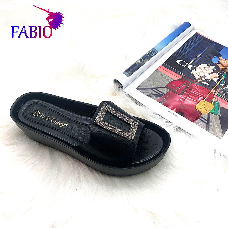 

New PU sole and square button slippers for ladies lady slipper woman shoes, Black