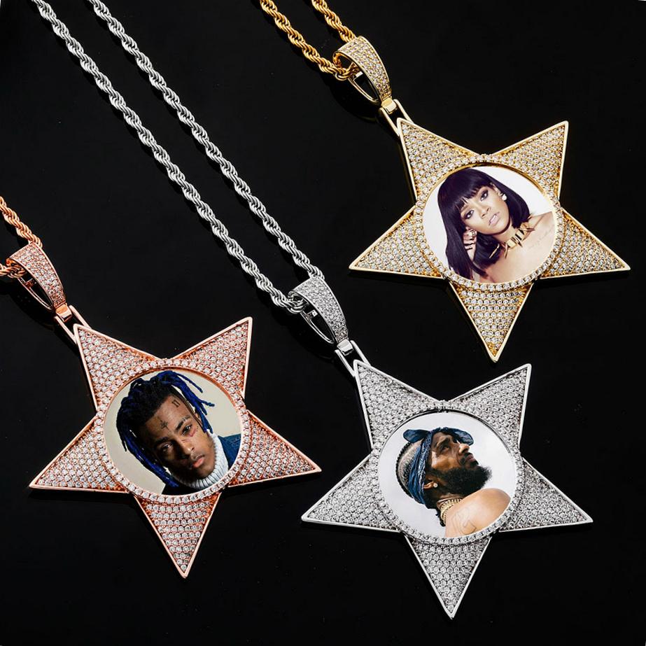 

White Gold Plated Iced Out CZ Cubic Zirconia Pentagram Custom Photo Pendant Necklace Memorial Diamond Hip Hop Rapper Jewelry Gift for Guys