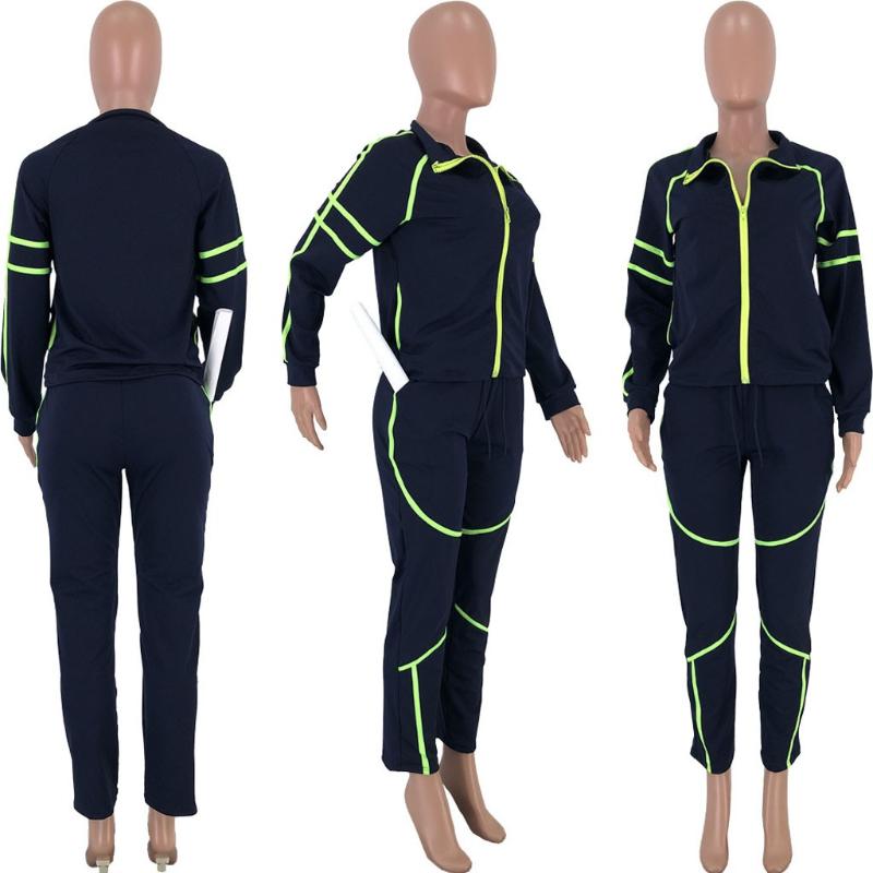 

Fashion 2020 Sports Sweatshirt Women Solid Color Stitching Pocket Zipper Two-Piece Set Long Sleeve Tops + Pants Sportswear Suit, Dark blue