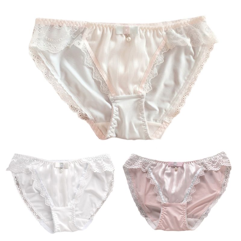 

Women Milk Fiber Low Rise Panties Bow Pearl Floral Lace Lolita Briefs Underwear 83XF, Pink