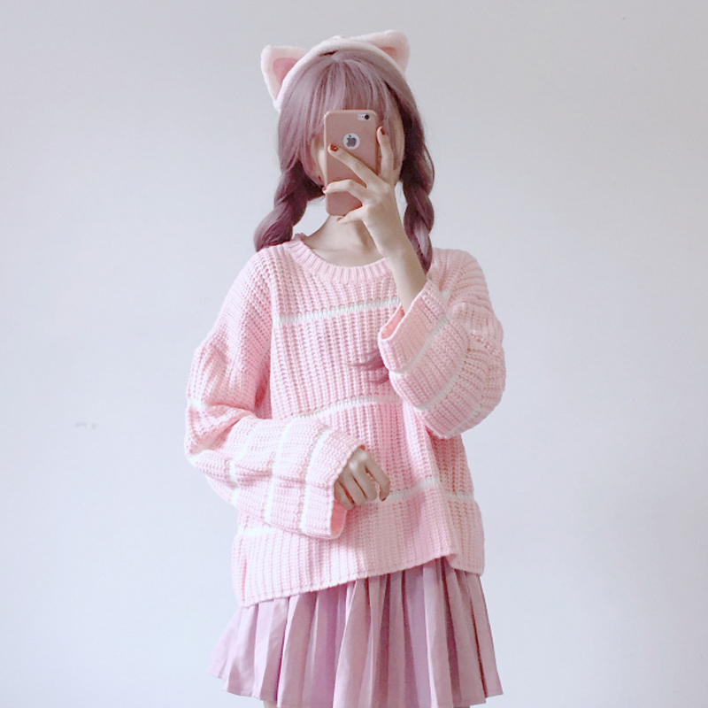 

Sweet Cute Girls Womens Knitted Sweater Striped Pullovers Long Flare Sleeve Fall Winter Sweaters 2020 Autumn Clothes, Pink