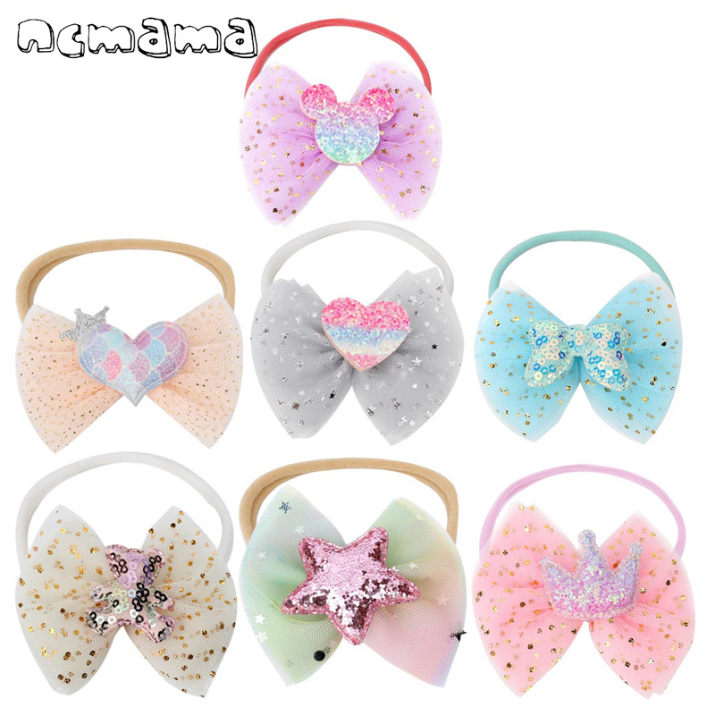 

6 Pcs/lots 3" Organza Bowknot Nylon Headbands For Girls Kids Glitter Star Crown Hair Bows Newborn Baby Hair Accessories