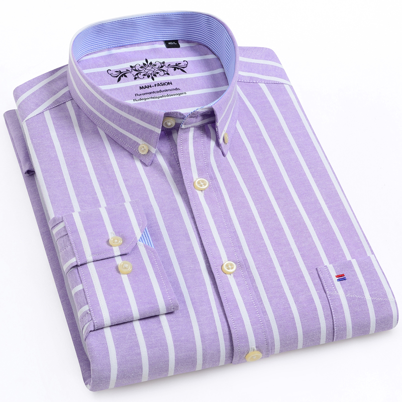 

Men's Classic Fit Striped Oxford Button-Down Shirts Embroidered Logo On Left Chest Pocket Long Sleeve Casual Thick Tops Shirt, 1006-71