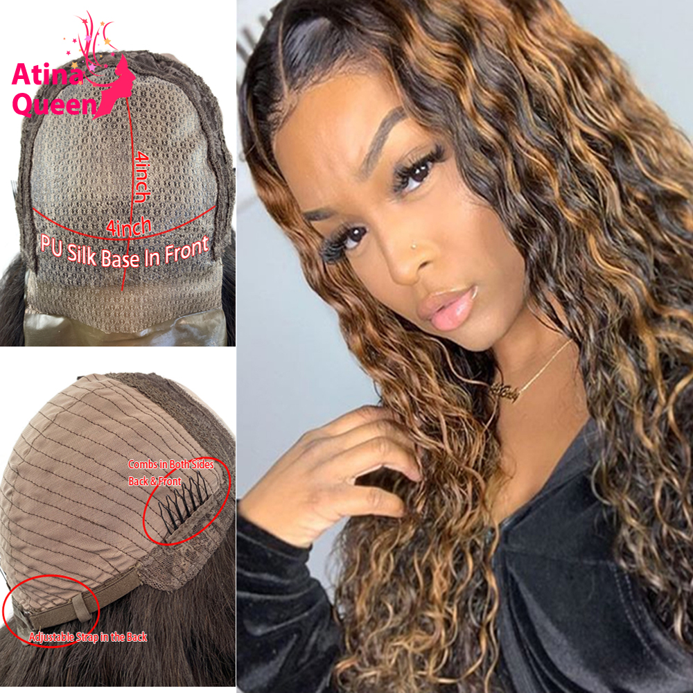 

Ombre 4x4 PU Skin Top Closure Wig Water Wave Pre plucked Bleached Knots Silk Base Honey Blonde Lace Front Wigs Preplucked Remy, Medium brown