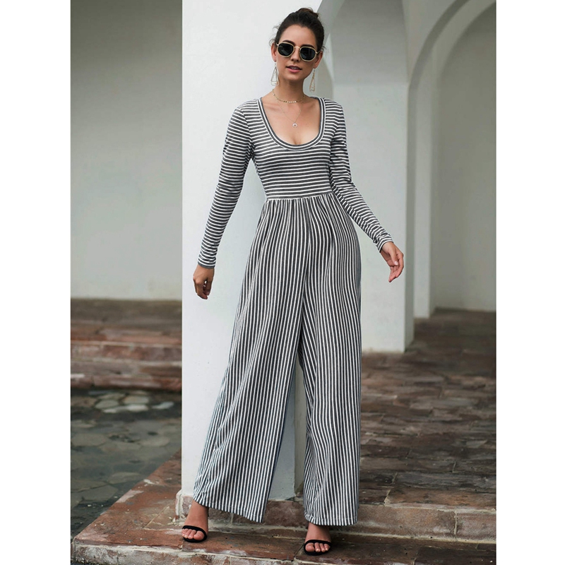 

Women Casual Striped Jumpsuit Summer U-Neck Long Sleeve Jumpsuits Wide Leg Pants Overalls  Size Gray