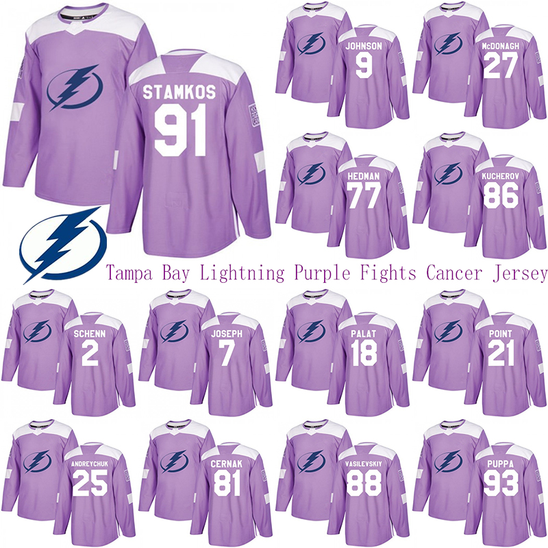

Tampa Bay Lightning Purple Fights Cancer Jersey 91 Steven Stamkos 86 Nikita Kucherov 77 Victor Hedman 24 Ryan Callahan Hockey Jerseys