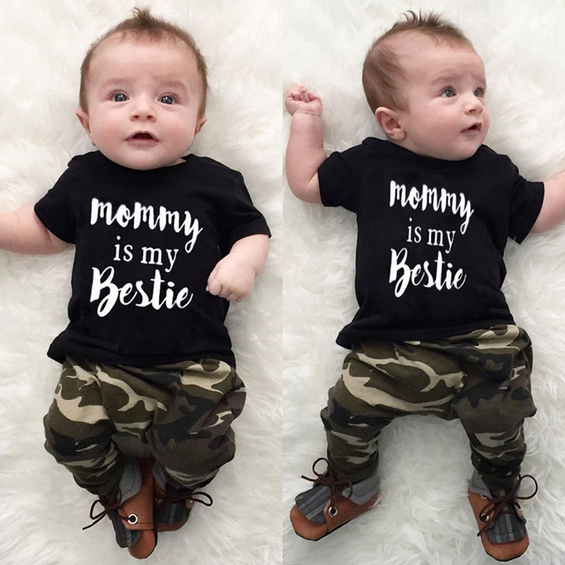 

Baby Boy Clothes Newborn Clothes Set 2pcs Sets Cotton Letter Print Short Sleeve T-shirt Tops+Camouflage Long Pants Summer 6-24M, Dr00184-heise