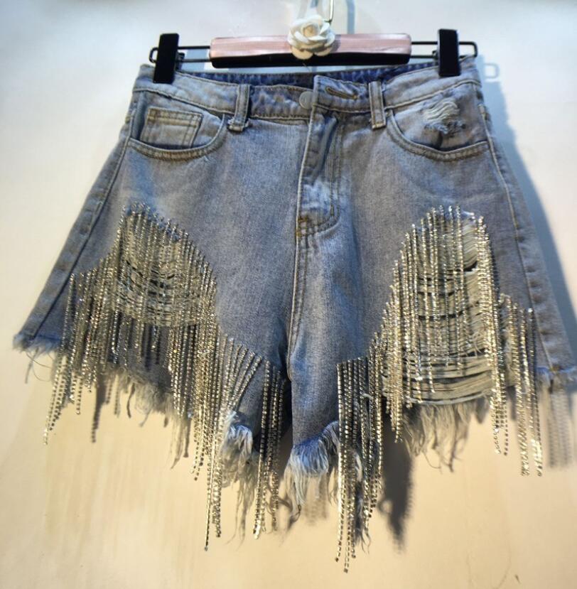 

2021 Summer Fashion Women' Heavy Rhinestone Fringed Jeans Shorts Female High Waist Hole Denim Short mujer w885, Blue