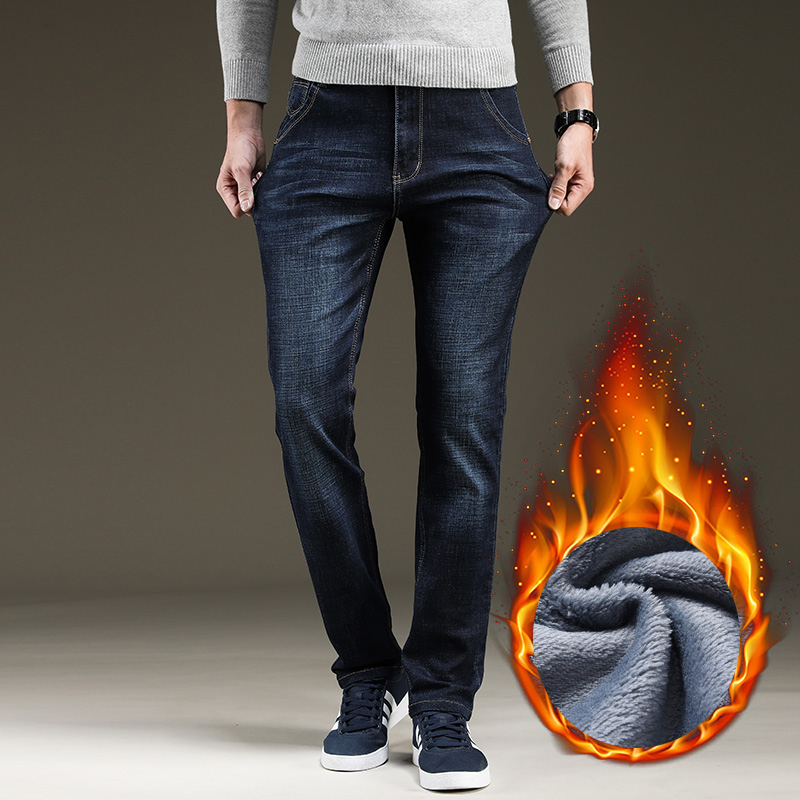 

2020 Men Fashion Winter Jeans Men Slim Fit Stretch Thick Grey Velvet Pants Warm Jeans Casual Fleece Trousers Male Plus Size, Black