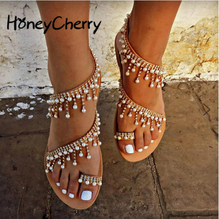 

Sandals Women New Large Size Handmade Beaded Toe Flat-soled Women's Sandals For Summer In Europe And America Size35-42, Pearl big