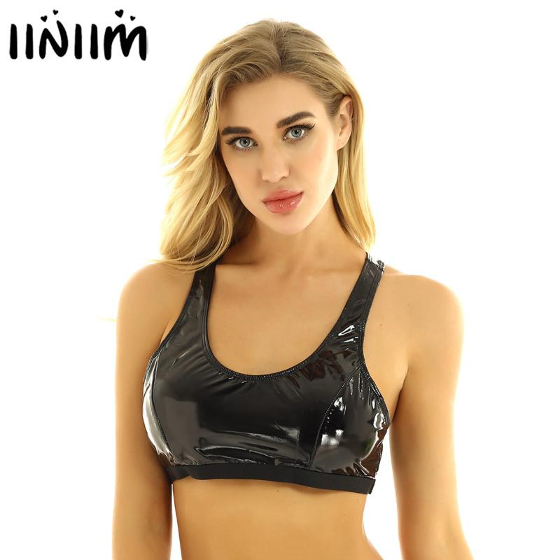 

iiniim Womens Femme Lingerie Wet Look Pole Dancing Party Wetlook Clubwear Leather Racer Back Bra Top Cropped Cocktail Vest Tops, Black