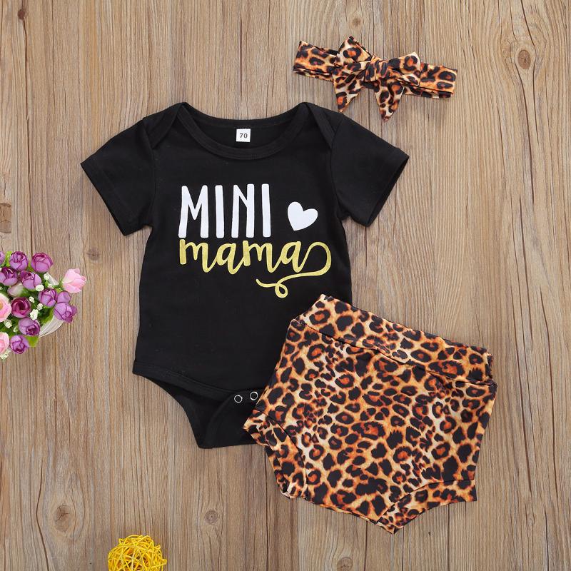 

3Pcs Infant Baby Girls Boys Clothes Sets Newborn Sweet Cute Letter Print Short Sleeve Romper Tops+Leopard Shorts+Headband 0-18M, As pic