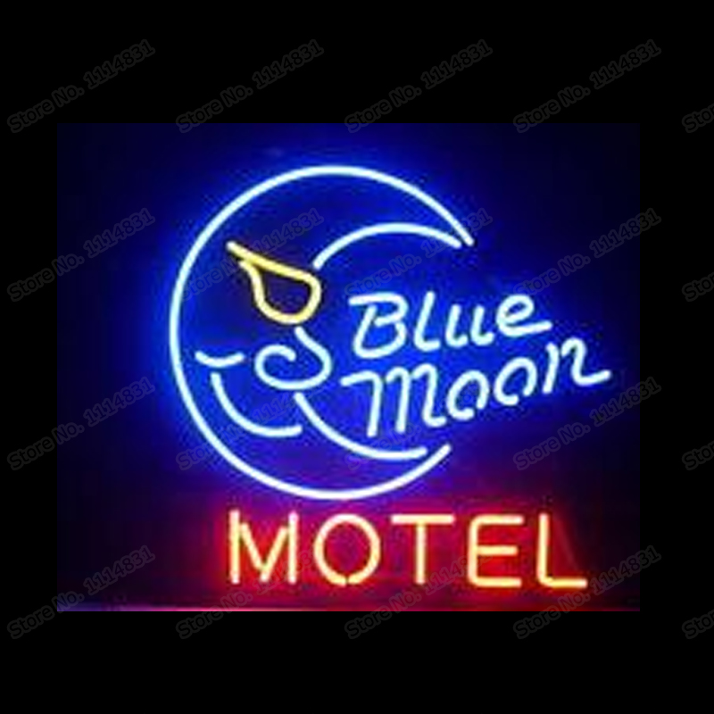 New Blue Moon Motel Neon Sign 20"x16" Real Glass Lamp Lighting Windows Decor 