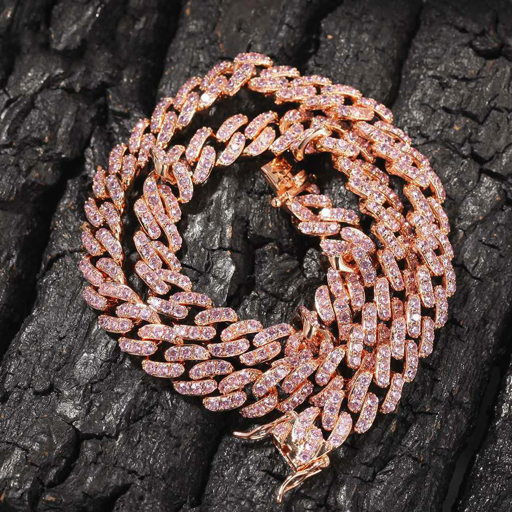 9mm Iced Out Women Choker Necklace Rose Gold Metal Cuban Link Full With Pink Cubic Zirconia Stones Chain Jewelry-image-554102477