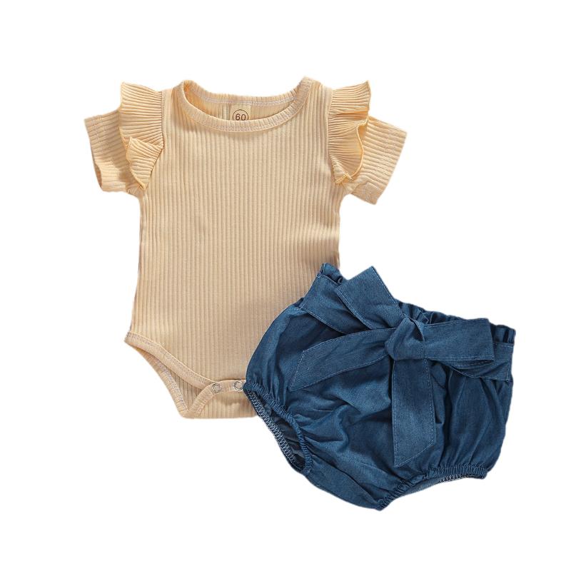 

Baby Girls 2PCS Romper Set Solid Color Ruffle Short Sleeve Round Neck Button Closure Jumpsuit+ Elastic Band Triangle Short Pant, Blue