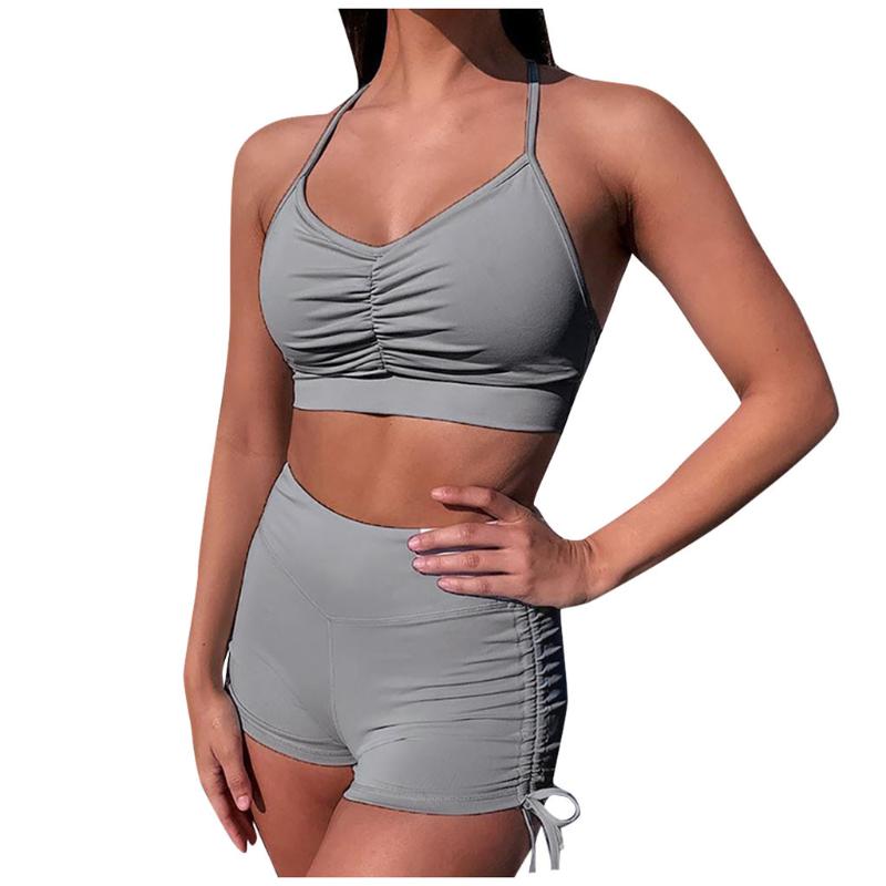 

SAGACE Yoga Set Fitness Clothing Sexy Solid Bandage Slim Outfits Female Summer V-Neck Crop Top+Shorts Gym Sports Suits, Orange