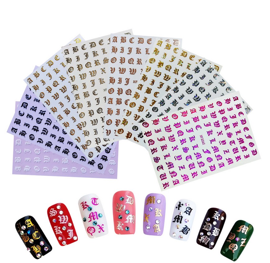 

Letter Reflections Nail Stickers - Holographic Letter Old English Alphabet Nail Art Decals 3D Laser Words Character Vinyls Nail Stencil, Multi