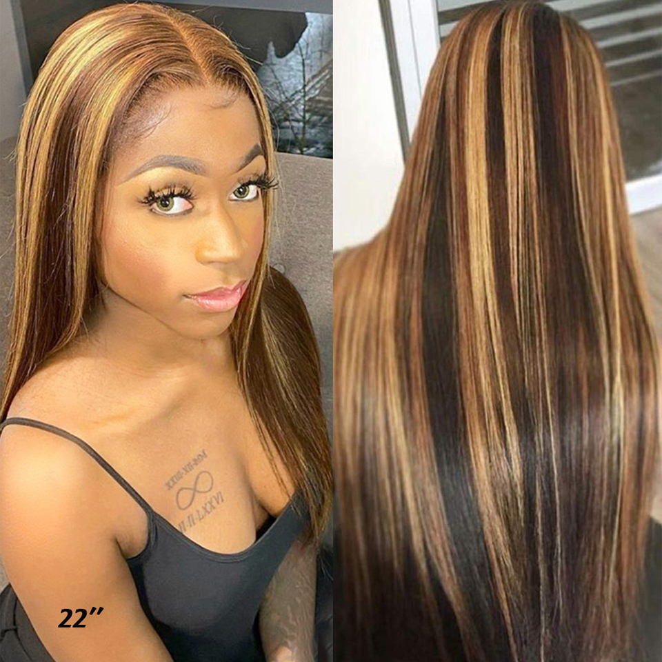 

Honey Blonde Brown Ombre Lace Front Human Hair Wigs For Women Brazilian Remy Highlight Color 4/27 13x6 Lace Front Wig 180%