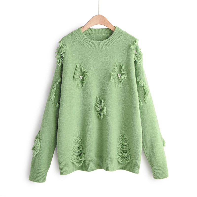 

O-Neck Winter Women's Sweater Female Distressed Knitted Pullover With Beading And Long Sleeve Loose Soft Top For Women Winter, Beige