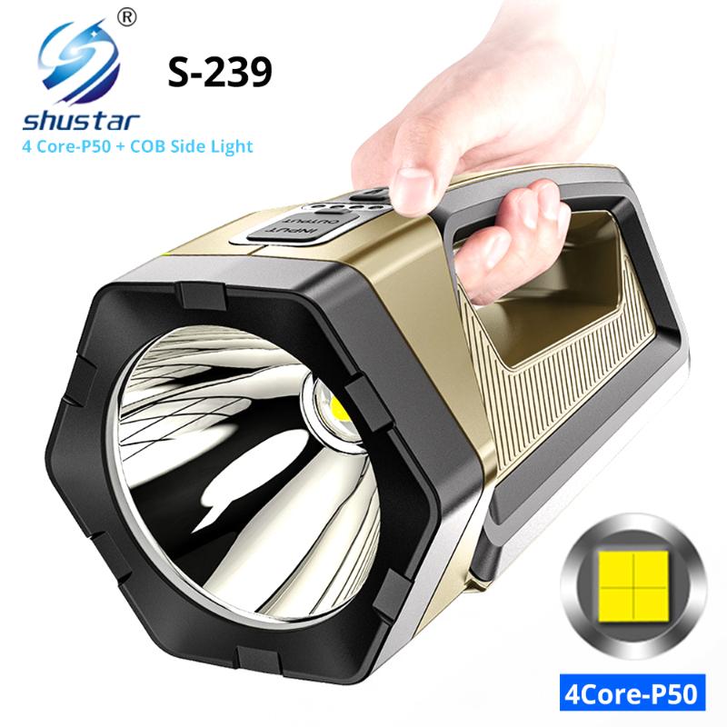 

RechargablePowerful LED Searchlight spotlight With 4 Core P50 Lamp Bead and COB Side Light For adventure,Camping
