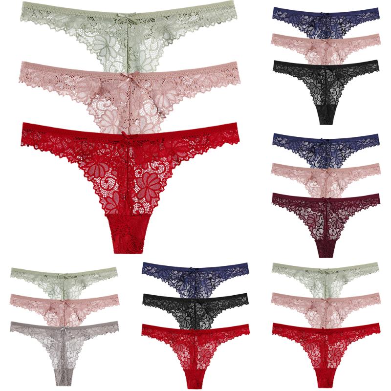 

3Pcs Woman Sexy Lace Floral Thong Panties Underwear G-String Briefs Lingerie Woman Thong T-back Female Underwear, Style 4