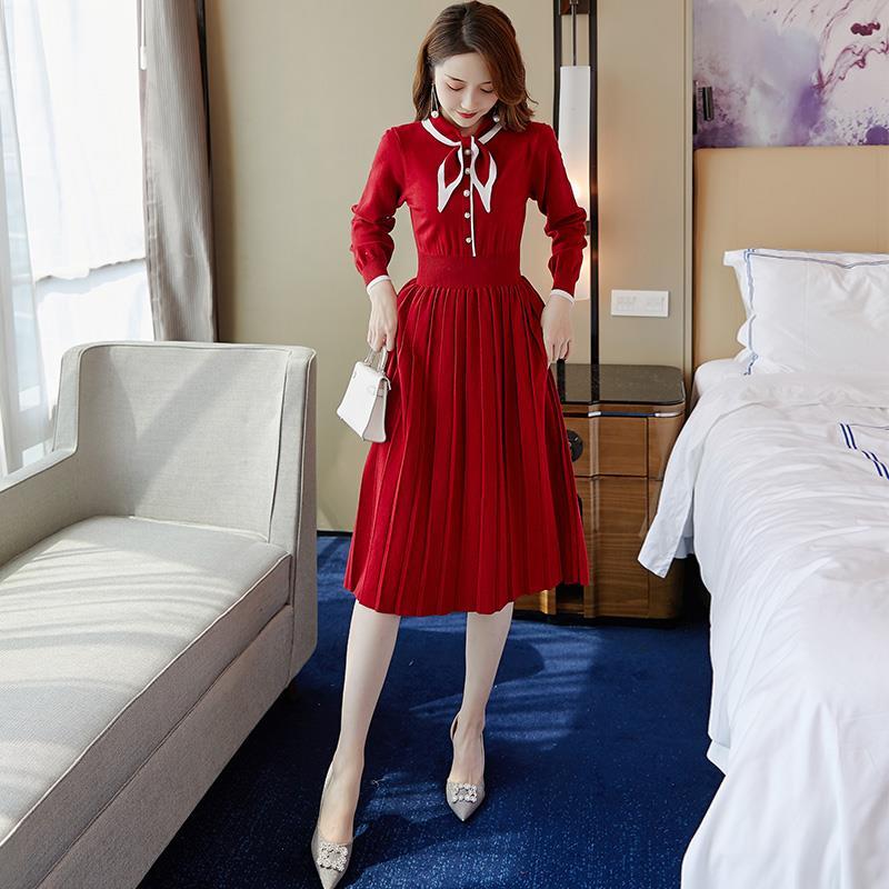 

Women 2020 Autumn Winter Chic Elegant Long Sleeve Knitted Dress es Female Striped Pleated A-Line Dress Ladies Slim Vestidos H51, As pic