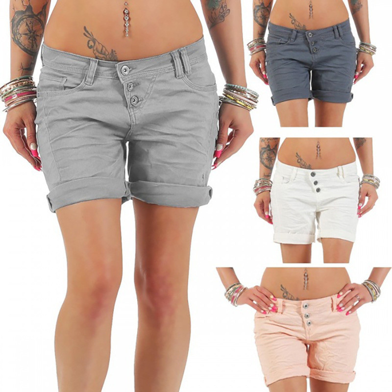 

Mid-Waist Button Women' Denim Shorts Scratched Pocket Design Shorts Femme Short Mujer Pantalones Cortos Mujer, White
