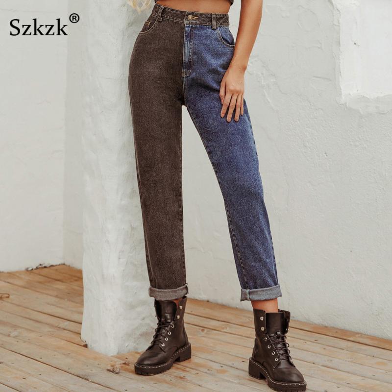 

Szkzk Patchwork Sexy High Waist Straight Leg Jeans With Pockets 2020 Ladies Trousers Casual Loose Color Block Denim Jean Pants, Blue