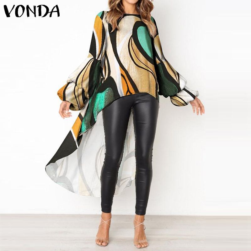 

VONDA Womens Blouse Shirts 2020 Fashion Casual Solid Long Sleeve Vintage Printed Asymmetric Tops Ladies Baggy Blusas Femme, As picture