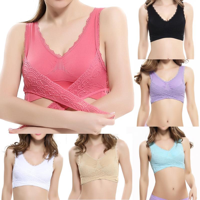 

Plus Size Women Sports Bra Ladies Lace Bralette Solid Front Cross Side Full Cup Bras Vest Crop Tops Femme Yoga Fitness Running, Beige