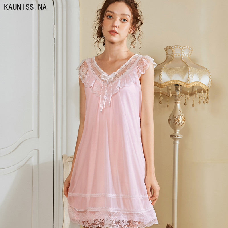 

Cotton Lace Nightgown For Summer Sleeveless Retro Cute Sweet Princess Nightdress Sexy Home Sleeping Dress Night Gown Cotton, Pink