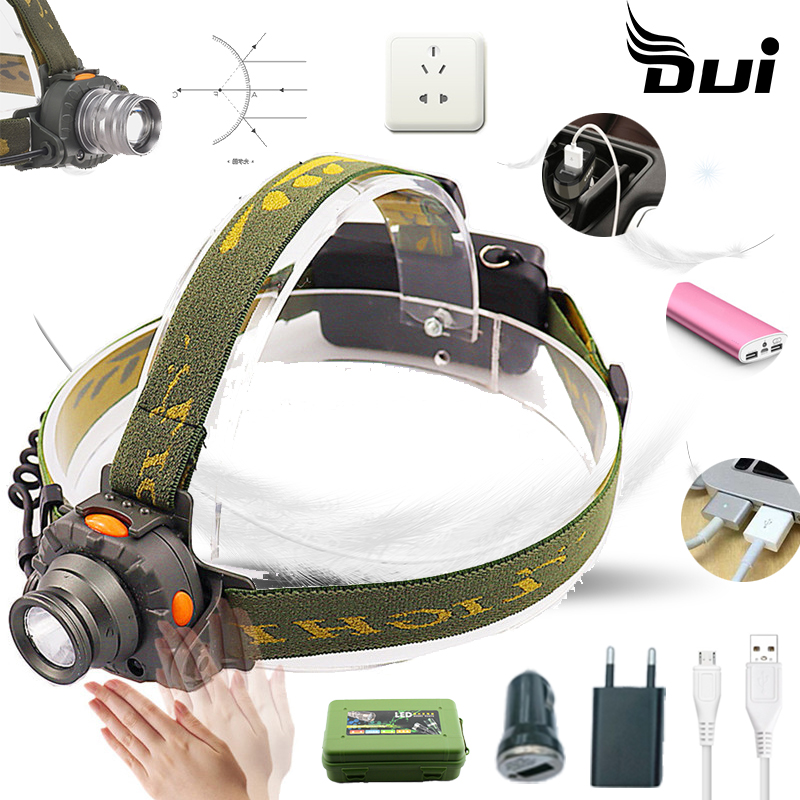 

DUI Camping torch focus head light lamp USB Body motion sensor zoomable rechargeable headlamp Powerful LED headlight