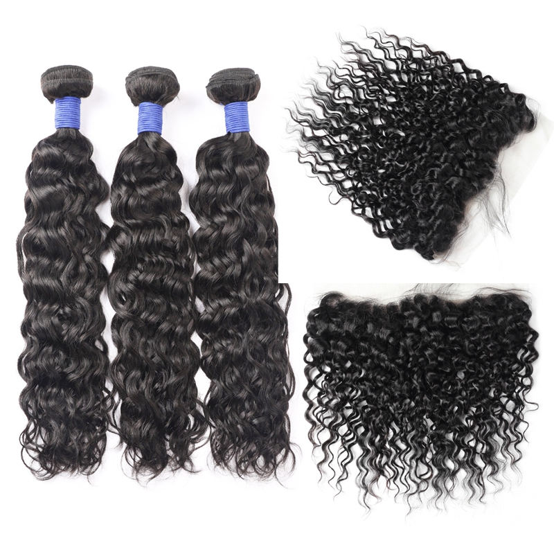

Ishow Water Wave Virgin Hair Extensions Wefts Human Hair Bundles With Closure 8A Brazilian Hair 3Bundles With Lace Frontal for Women Girls All Ages 8-28inch, Natural color