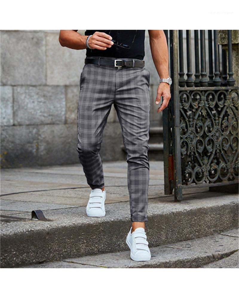

Mid Waist Button Fly Pants with Pockets Man Fashion Style Pants Plaid Pencil Pants Casual Regular, Khaki