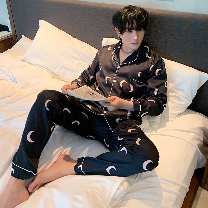 

Men's Pajamas Set Autumn Winter Elastic Waist Men Sleepwear Silk Men's Long Sleeve Nightwear Print Top + Long Pant Homewear Set, C hs 1276 men
